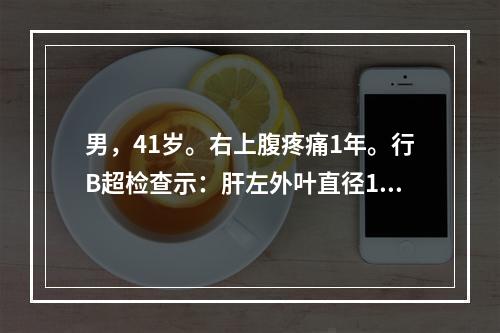 男，41岁。右上腹疼痛1年。行B超检查示：肝左外叶直径10c