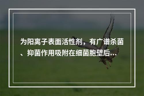 为阳离子表面活性剂，有广谱杀菌、抑菌作用吸附在细菌胞壁后，改