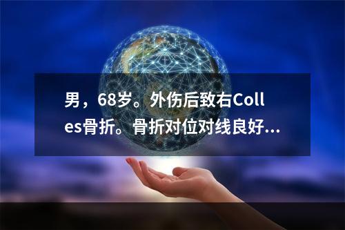 男，68岁。外伤后致右Colles骨折。骨折对位对线良好，并