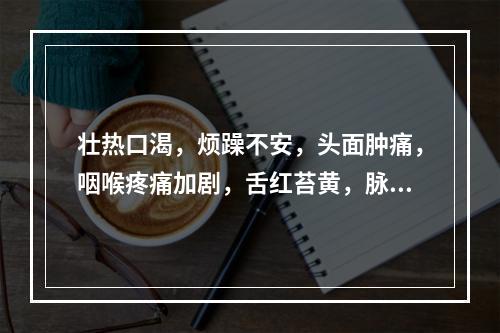 壮热口渴，烦躁不安，头面肿痛，咽喉疼痛加剧，舌红苔黄，脉数实