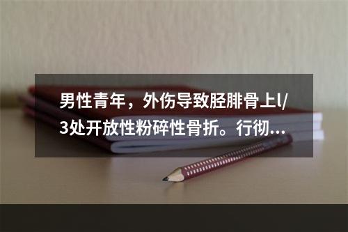 男性青年，外伤导致胫腓骨上l/3处开放性粉碎性骨折。行彻底清