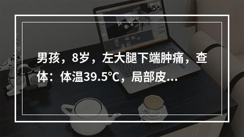 男孩，8岁，左大腿下端肿痛，查体：体温39.5℃，局部皮温高