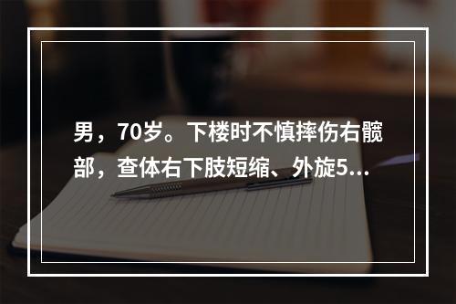 男，70岁。下楼时不慎摔伤右髋部，查体右下肢短缩、外旋50°
