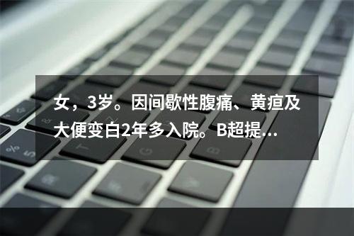 女，3岁。因间歇性腹痛、黄疸及大便变白2年多入院。B超提示肝