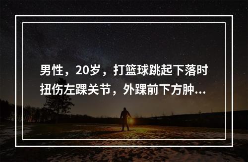 男性，20岁，打篮球跳起下落时扭伤左踝关节，外踝前下方肿胀，