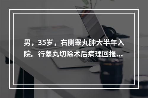 男，35岁，右侧睾丸肿大半年入院。行睾丸切除术后病理回报为精