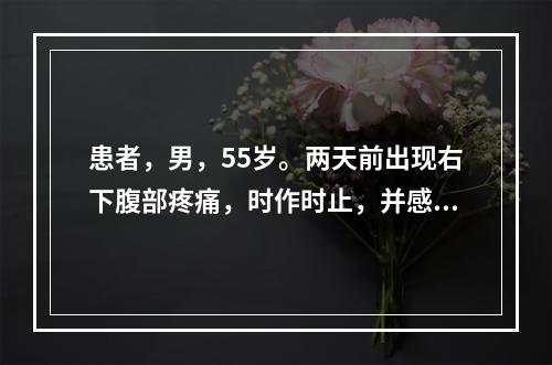 患者，男，55岁。两天前出现右下腹部疼痛，时作时止，并感有气