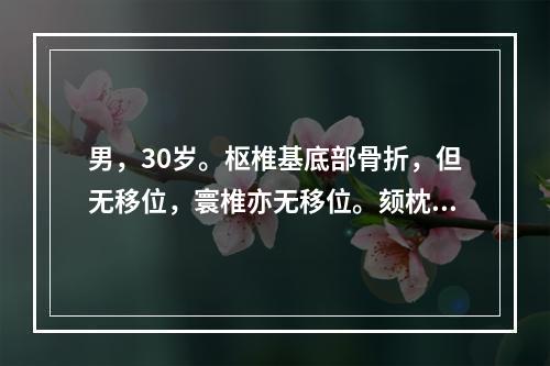 男，30岁。枢椎基底部骨折，但无移位，寰椎亦无移位。颏枕带牵