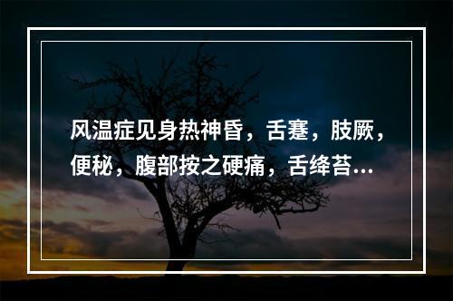 风温症见身热神昏，舌蹇，肢厥，便秘，腹部按之硬痛，舌绛苔黄燥