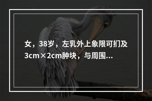 女，38岁，左乳外上象限可扪及3cm×2cm肿块，与周围皮肤