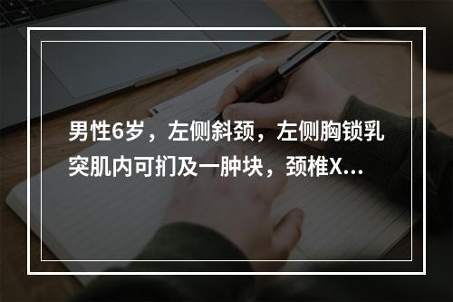 男性6岁，左侧斜颈，左侧胸锁乳突肌内可扪及一肿块，颈椎X线片