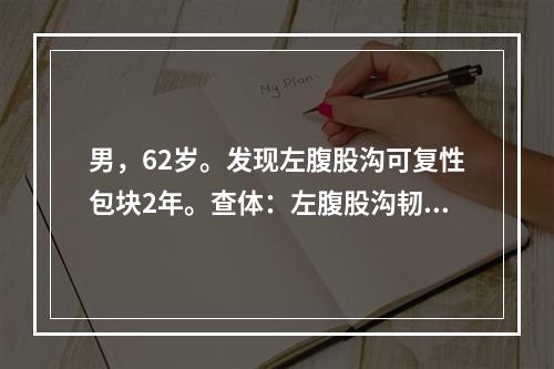 男，62岁。发现左腹股沟可复性包块2年。查体：左腹股沟韧带上