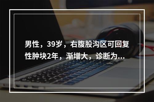 男性，39岁，右腹股沟区可回复性肿块2年，渐增大，诊断为右腹