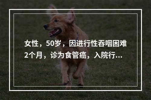 女性，50岁，因进行性吞咽困难2个月，诊为食管癌，入院行食管