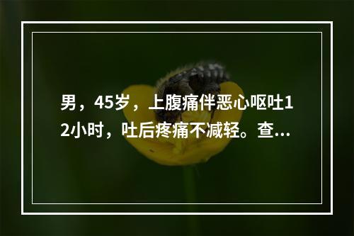 男，45岁，上腹痛伴恶心呕吐12小时，吐后疼痛不减轻。查体：