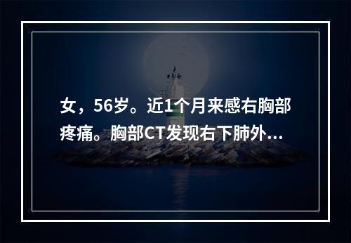 女，56岁。近1个月来感右胸部疼痛。胸部CT发现右下肺外带2