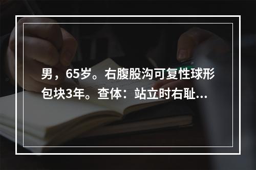 男，65岁。右腹股沟可复性球形包块3年。查体：站立时右耻骨结