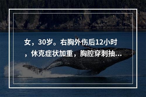 女，30岁。右胸外伤后12小时，休克症状加重，胸腔穿刺抽出血