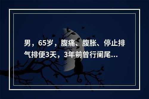 男，65岁，腹痛、腹胀、停止排气排便3天，3年前曾行阑尾切除