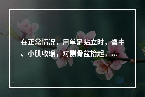 在正常情况，用单足站立时，臀中、小肌收缩，对侧骨盆抬起，才能