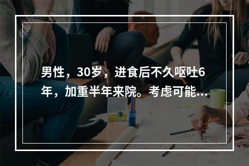 男性，30岁，进食后不久呕吐6年，加重半年来院。考虑可能为贲