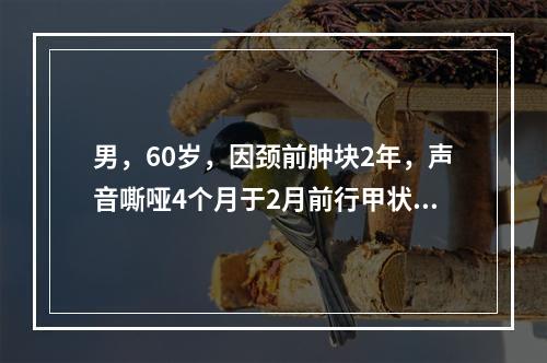 男，60岁，因颈前肿块2年，声音嘶哑4个月于2月前行甲状腺全