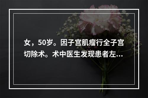 女，50岁。因子宫肌瘤行全子宫切除术。术中医生发现患者左侧卵