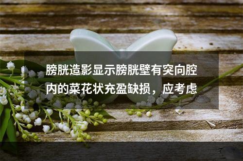 膀胱造影显示膀胱壁有突向腔内的菜花状充盈缺损，应考虑