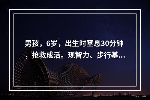 男孩，6岁，出生时窒息30分钟，抢救成活。现智力、步行基本正