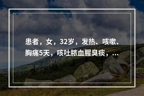 患者，女，32岁，发热、咳嗽、胸痛5天，咳吐脓血腥臭痰，舌红