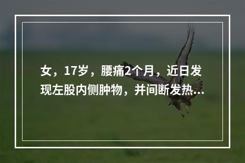 女，17岁，腰痛2个月，近日发现左股内侧肿物，并间断发热、盗