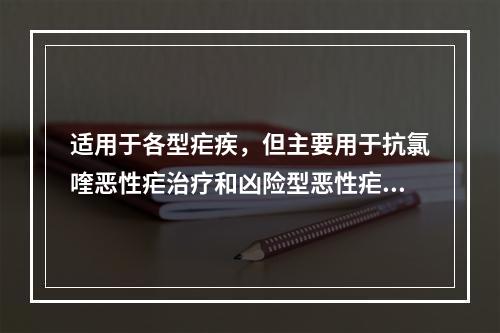 适用于各型疟疾，但主要用于抗氯喹恶性疟治疗和凶险型恶性疟的急