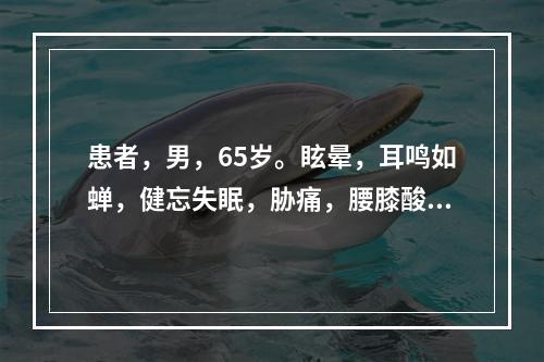 患者，男，65岁。眩晕，耳鸣如蝉，健忘失眠，胁痛，腰膝酸痛，