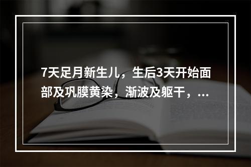 7天足月新生儿，生后3天开始面部及巩膜黄染，渐波及躯干，吃奶