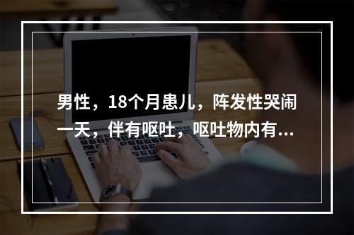 男性，18个月患儿，阵发性哭闹一天，伴有呕吐，呕吐物内有蛔虫