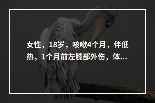 女性，18岁，咳嗽4个月，伴低热，1个月前左膝部外伤，体格检