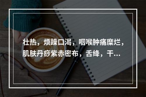 壮热，烦躁口渴，咽喉肿痛糜烂，肌肤丹痧紫赤密布，舌绛，干燥起