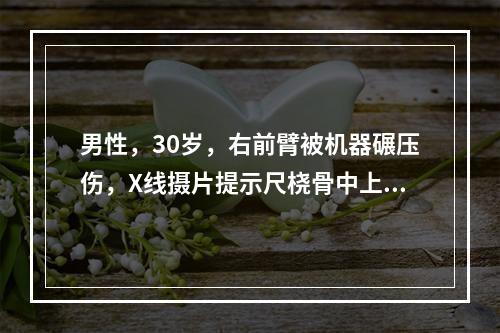 男性，30岁，右前臂被机器碾压伤，X线摄片提示尺桡骨中上段骨