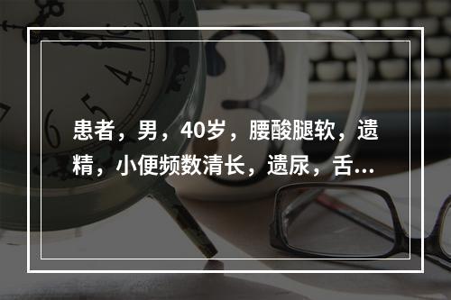 患者，男，40岁，腰酸腿软，遗精，小便频数清长，遗尿，舌润苔