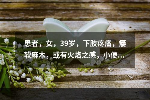 患者，女，39岁，下肢疼痛，痿软麻木，或有火烙之感，小便短赤