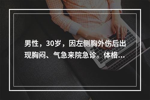 男性，30岁，因左侧胸外伤后出现胸闷、气急来院急诊。体格检查