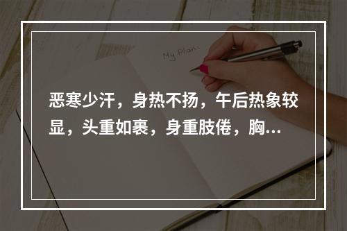 恶寒少汗，身热不扬，午后热象较显，头重如裹，身重肢倦，胸闷脘