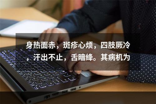 身热面赤，斑疹心烦，四肢厥冷，汗出不止，舌暗绛。其病机为