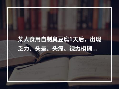 某人食用自制臭豆腐1天后，出现乏力、头晕、头痛、视力模糊、眼