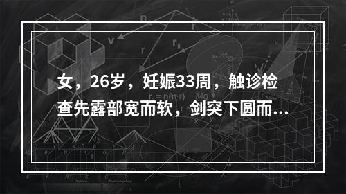 女，26岁，妊娠33周，触诊检查先露部宽而软，剑突下圆而硬，