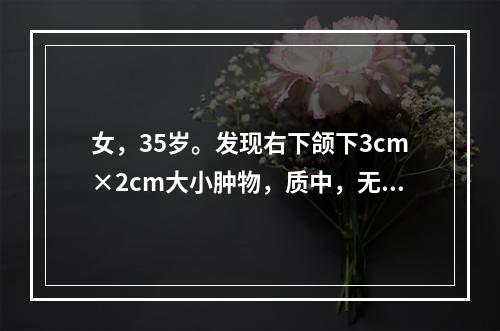 女，35岁。发现右下颌下3cm×2cm大小肿物，质中，无压痛