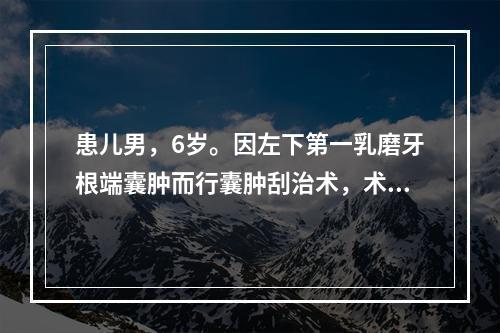 患儿男，6岁。因左下第一乳磨牙根端囊肿而行囊肿刮治术，术后出