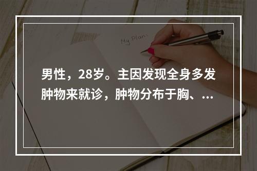 男性，28岁。主因发现全身多发肿物来就诊，肿物分布于胸、腹壁