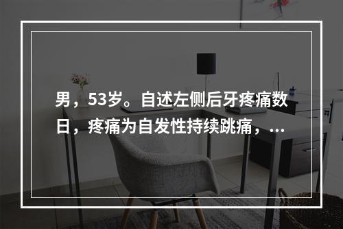 男，53岁。自述左侧后牙疼痛数日，疼痛为自发性持续跳痛，不能