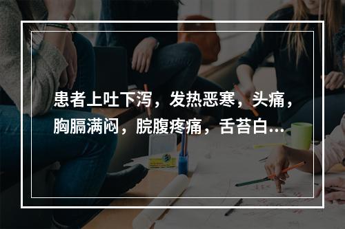 患者上吐下泻，发热恶寒，头痛，胸膈满闷，脘腹疼痛，舌苔白腻，